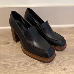 ALOHAS Black Leather Loafers with Brown Heel